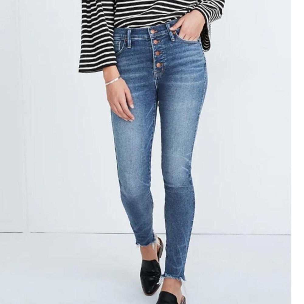Madewell 10" High-Rise Skinny Jeans Cordova Wash Button-Front Chewed Hem Stretch